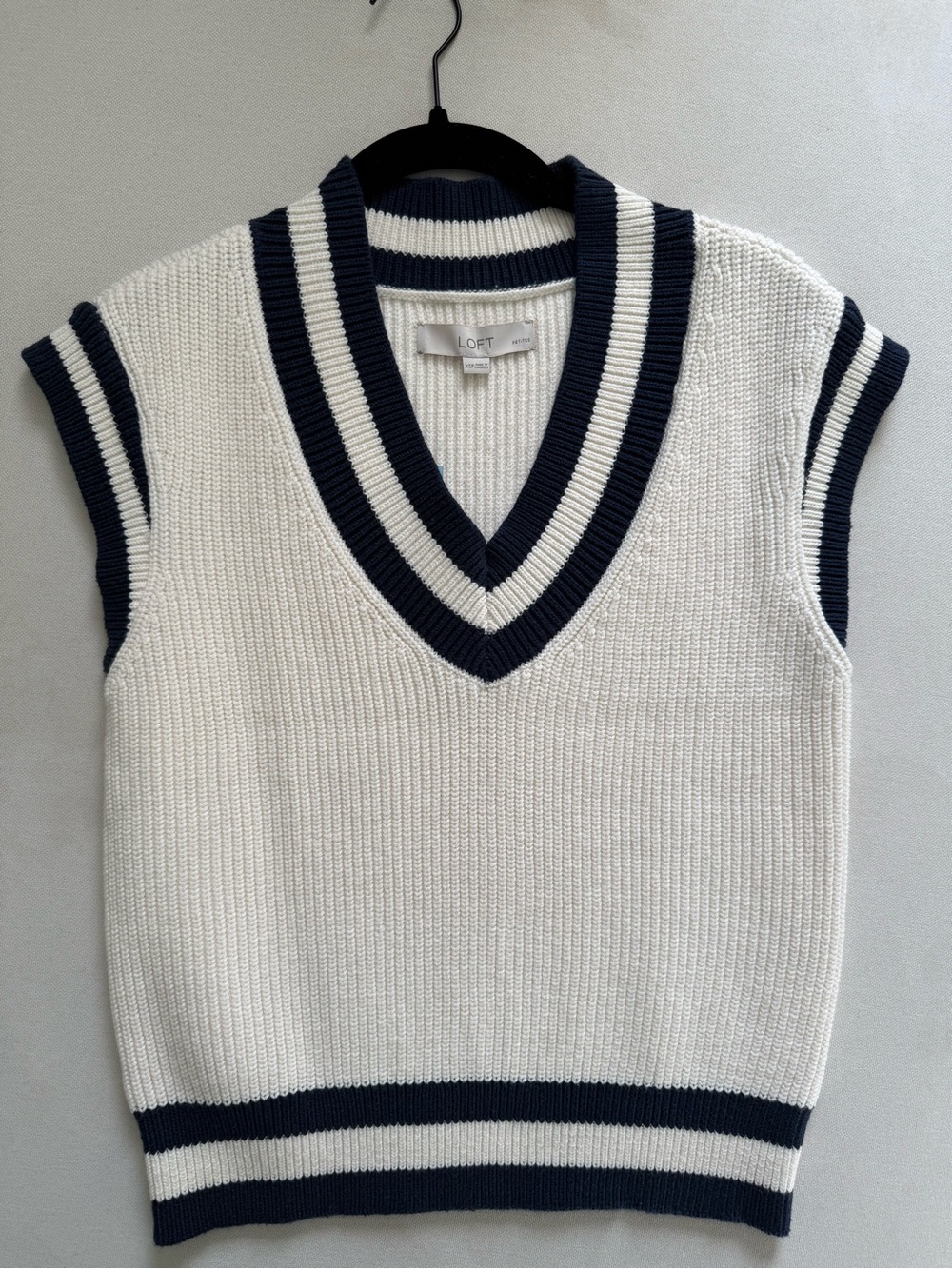 LOFT Cream and Navy Striped V-Neck Sweater Vest